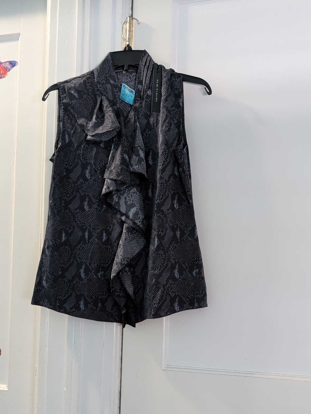 Sleeveless Ruffle Front Animal-Print Top - Black And Blue